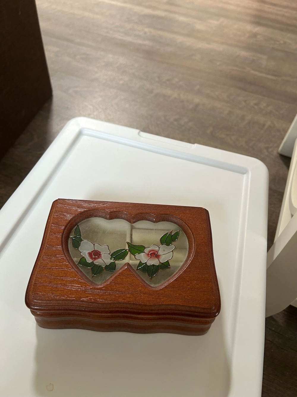Wooden Heart Glass Trinket Jewelry Box with Floral Design